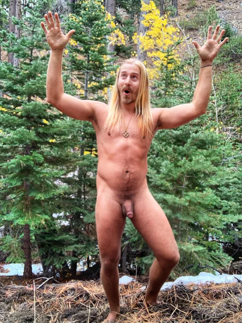 Just goofing around living the dream wild nudist life. 💛🙏🏼 Is this wild and adventurous enough? by Goldengod17