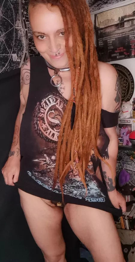 Just me at home, no make up, one of my band t-shirts, my belt and time to chill after a long weekend! by Nekotied