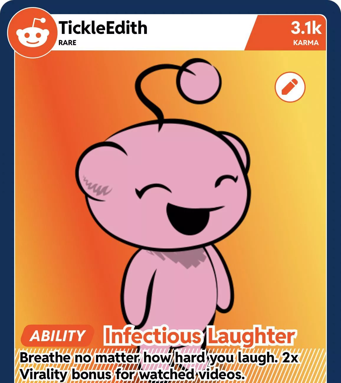 Just over here cracking up that my 2021 Reddit Recap says my ability is “Infectious Laughter” and says to “Breathe no matter how hard you laugh” posted by TickleEdith