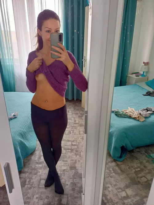 Just tights with a cute cardigan (and a bit of titty) by slavena_slavic
