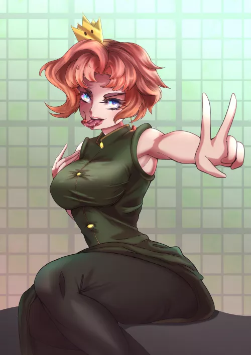 Kakyoin with her armpit, arm up, big breasts, black leg wear, buttons, earrings, food in the mouth, green dress, hand on her shoulder, peace sign, pink/red hair, super crown and a v sign by NORlAKlKAKYOlN