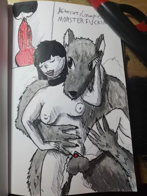 Kinktober day 8 Monsterfucking, creampie, aftercare. Art by me. India ink and pen. by Naughtyjackalope