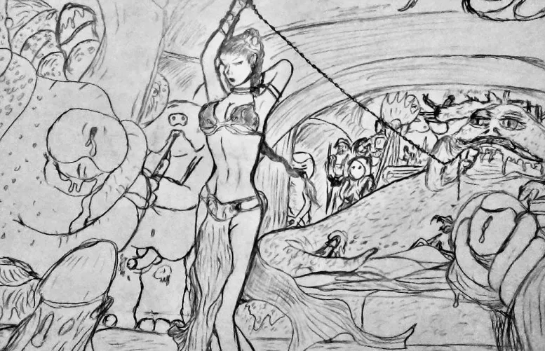 Later that Night in the Palace, The Hutt and his minions are entertained by the Nubile Enslaved Human Girl. Leia’s dance begins to arouse their horniness. By (SlaveLeiafan42) by SlaveLeiaFan42