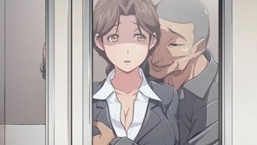 LF Color Source: 1boy, 1girl, braided ponytail, breast grab, brown/grey hair, business suit, chikan, cleavage, collarbone, from outside, grabbing/groping from behind, grey clothes, hair intakes, large breasts, office lady, parted lips, scared, ugly basta by Hopeful_Assistant_80