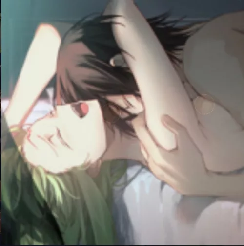 LF Color Source: 1boy ,1girl ,green hair ,brown hair ,cuddling ,naked ,light dark skin ,happy ,open mouth ,closed both eyes by heroxmode