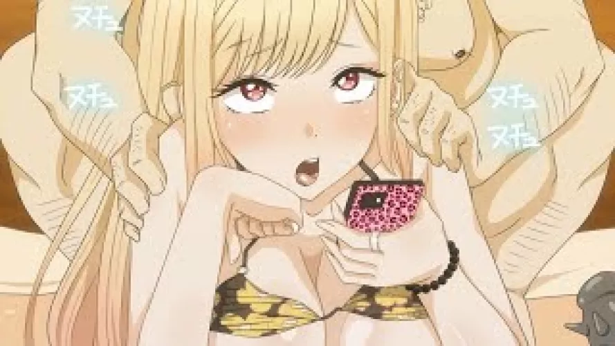 LF Color Source: 1boy, 1girl, Kitagawa Marin, Ahegao(?), blonde hair, bikini, phone, age difference, ring, japanese text, sex toy(?) by SnooStrawberries8321