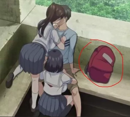 LF Color Source: 1boy, 2girls, among us meme, bent over, blowjob, brown/black/short/long hair, grey skirt, kiss, kneehighs, kneeling, large breasts, one knee, park, ponytail, red backpack, school uniform, spread legs, squatting, standing on one leg, ston by HentaiSource_Archive