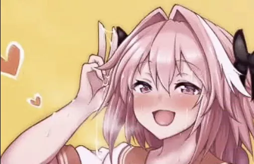 LF Color Source: 1boy, astolfo (fate), blushing, cum ,flying heart, hair between eyes, long hair, pink eyes, pink hair, school uniform, serafuku, short sleeves, smile, v sign, white hair, yellow background posted by logsnake