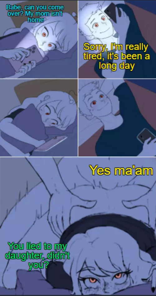 LF Color Source: 1Girl, 1Boy, Bed, Bangs, Blush, Black T-Shirt, Freckles, Phone, Lying, Red Eyes, Sex, Sex from Behind, Pillow, Text: Babe, Can you come over? My mom isn't home. Sorry, I'm really tired, it's been a long day. You lied to my daughter, d by Sumit2111