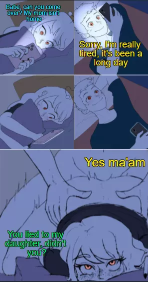 LF Color Source: 1Girl, 1Boy, Bed, Bangs, Blush, Black T-Shirt, Freckles, Phone, Lying, Red Eyes, Sex, Sex from Behind, Pillow, Text: Babe, Can you come over? My mom isn't home. Sorry, I'm really tired, it's been a long day. You lied to my daughter, d posted by Sumit2111