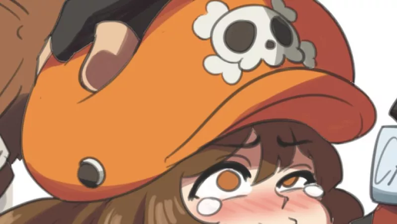 LF Color Source: 1girl, 1boy, orange hat, skull, grabbing head, blusing, tears, deep throat, BJ, brown hair, black glove, orange eyes by ImHereForThatHenti