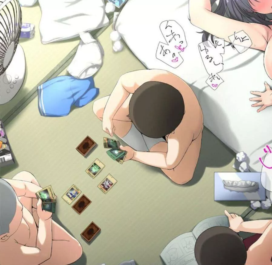 LF Color Source: 1girl, 3boys, 4boys, armpit, arms up, bed, blue shorts, blush, bottle, card game, clothes removes, electrical fan, from above, implied sex, large breasts, nude/naked, out of frame, pillow, sitting indian style, socks, tissue box, tissues posted by HentaiSource_Archive