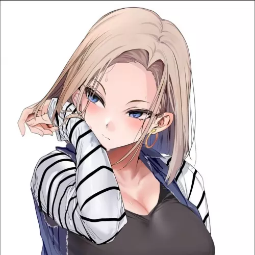 LF Color Source: 1girl, android_18, blonde, sweat, blushing, white_background, striped_sleeves, black_shirt, big_breasts, blue_eyes, hoop_earrings by bigppman123456