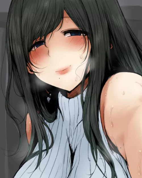LF Color Source: 1girl, black eyes, black hair, big breasts, blushing, mole, blue sweater, sleeveless turtleneck, sweater, lines, long hair, sweat by Iron_Heavy