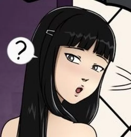 LF Color Source: 1girl, black hair, long hair, bangs, blushing, pink lips, surprised, turning head, hairclip, topless, question mark by Gourgeistguy