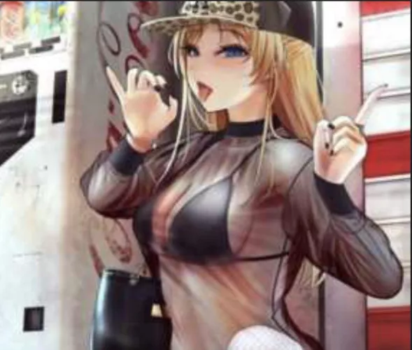 LF color source: 1girl, blond hair, blue eyes, see through clothes, vending machine, suggestive, ad by LogGg0