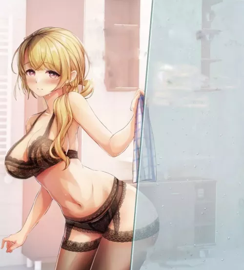 LF Color Source: 1girl, blonde hair, lingerie, towel, hair over shoulder, purple eyes, looking at viewer, blush by ZeDasCobres