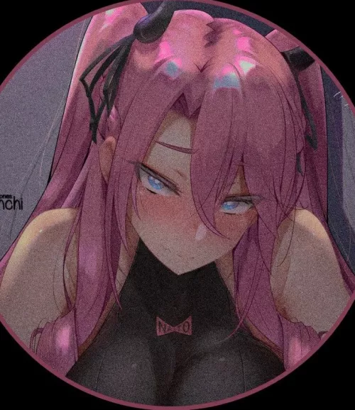 LF Color Source: 1girl, Blue Eyes, Clothed Paizuri, Horns, Pink Hair, Text on clothes, Twintails by Multijw