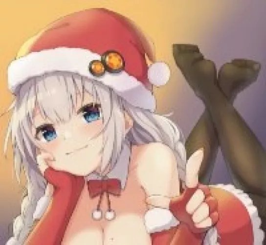 LF Color Source: 1girl, blue eyes, gray hair, blushing, stockings, christmas, twin tails, red hat, red bowtie, santa hat, pointing finger, cleavage by extod2
