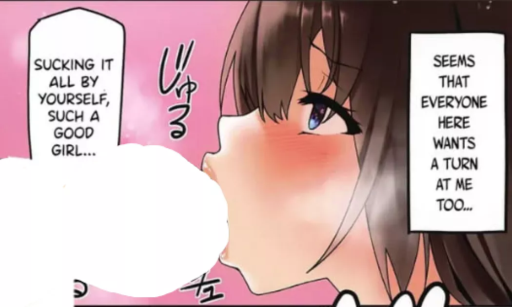 LF Color Source: 1Girl, Brown_hair, Blue_eyes, Blowjob/Fellatio, Pink_background, ''Seem that everyone here wants a turn at me too...'', ''Sucking it all by yourself,such a good girl'' posted by TrapandLoliLover