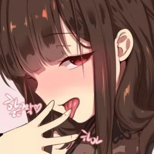 LF Color source: 1girl, brown hair, long hair, red eyes, straight hair, tongue on finger, foreign text, korean text, pink background by toneonis