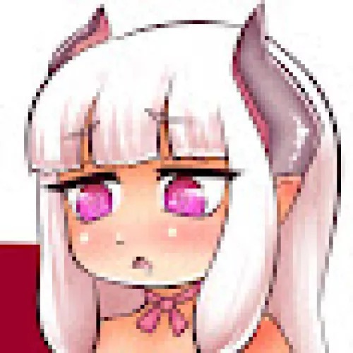 LF color source: 1girl, crop, face, white hair, horns, long hair, bangs, pink eyes, ribbon by gmdragon