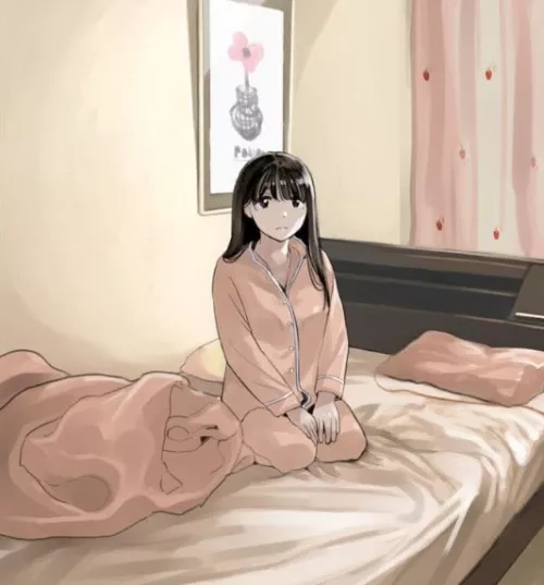 LF color source: 1girl, dark long hair, pajamas, bedroom, sitting. by Kvowothe
