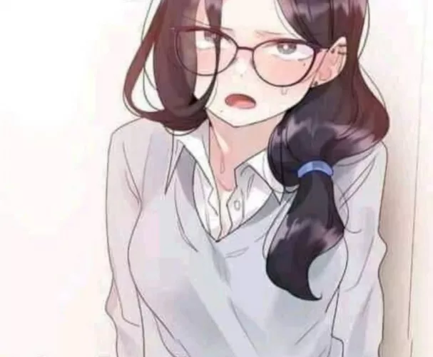 LF Color Source: 1girl, gray eyes, black hair, blue hair tie, side ponytail, medium sized breast, blushing, mole, white button up shirt, gray sweater, glasses, manhwa, mouth opened by Tsukuyomi707