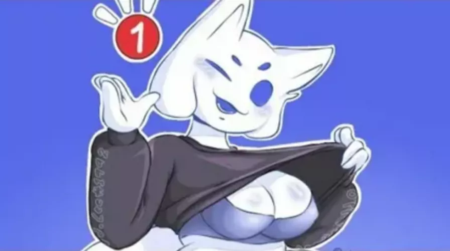 LF Color Source: 1girl, hands up, medium breasts, furry, shirt lift, long sleeves, wink/one eye closed, blush, open mouth, lower teeth, sports bra, underwear, animal ears/kemonomimi, discord app, Clyde, ping/notification count, blue/simple background, ta by Clean-Preparation