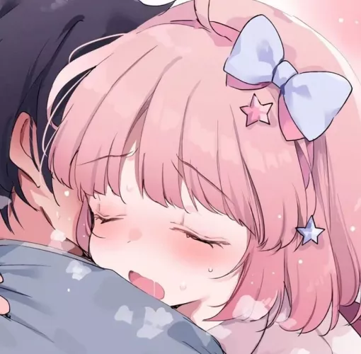 LF Color source: 1girl, hug, closed eyes, short hair, hair ribbon, blue ribbon, hair ornaments, sweat, blush by toneonis