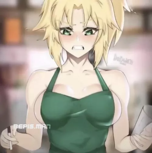 LF color source: 1girl, looking down, blonde hair, ponytail, green eyes, mordred (fate), apron, apron only, glass, breasts, teeth, open mouth, collarbone by Gua10234