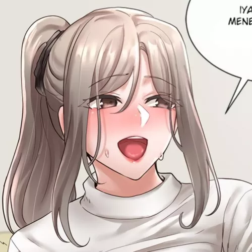 LF Color Source: 1girl, open mouth, brown eyes, blushing, vanilla colored long hair, ponytail with bangs, sweater by Re4NightWing