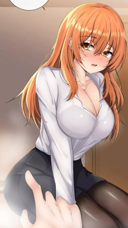 LF Color Source: 1girl, orange_hair, blushing, sweat, white_shirt, amber_eyes, big_breasts, office_worker by MiscoJones86