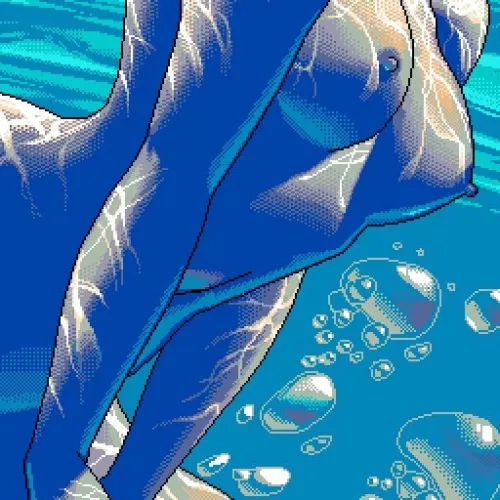 LF Color Source: 1girl, pixel art, underwater, submerged, small/medium breasts/boobs, nipples, navel, stomach, arms at side, bubbles, water, blue theme, reflection, head out of frame, from side, nude, solo by Clean-Preparation