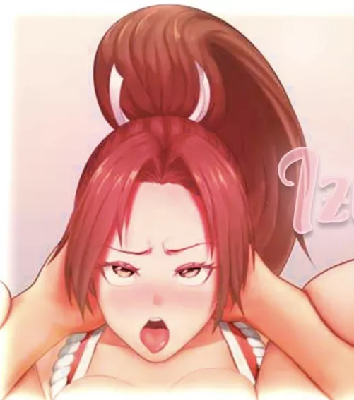 LF color source: 1girl, shiranui mai, brown hair, brown eyes, looking up, blushing, ahegao, ponytail, legs up, hands behind head by Gua10234