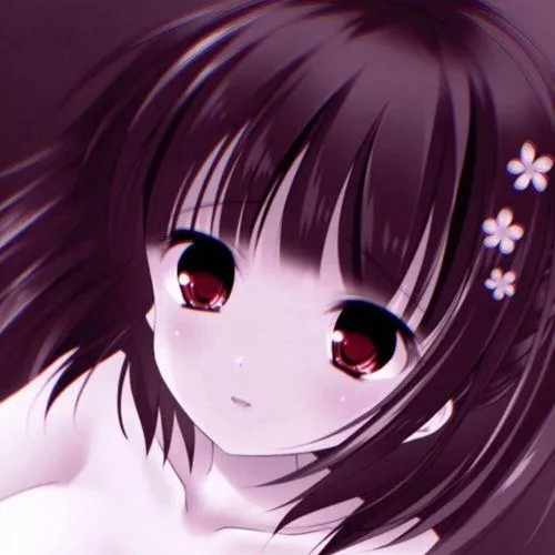 LF Color source: 1girl, short hair, nude, 3 flower ornaments. red eyes, indoors, straight hair, sad face by toneonis