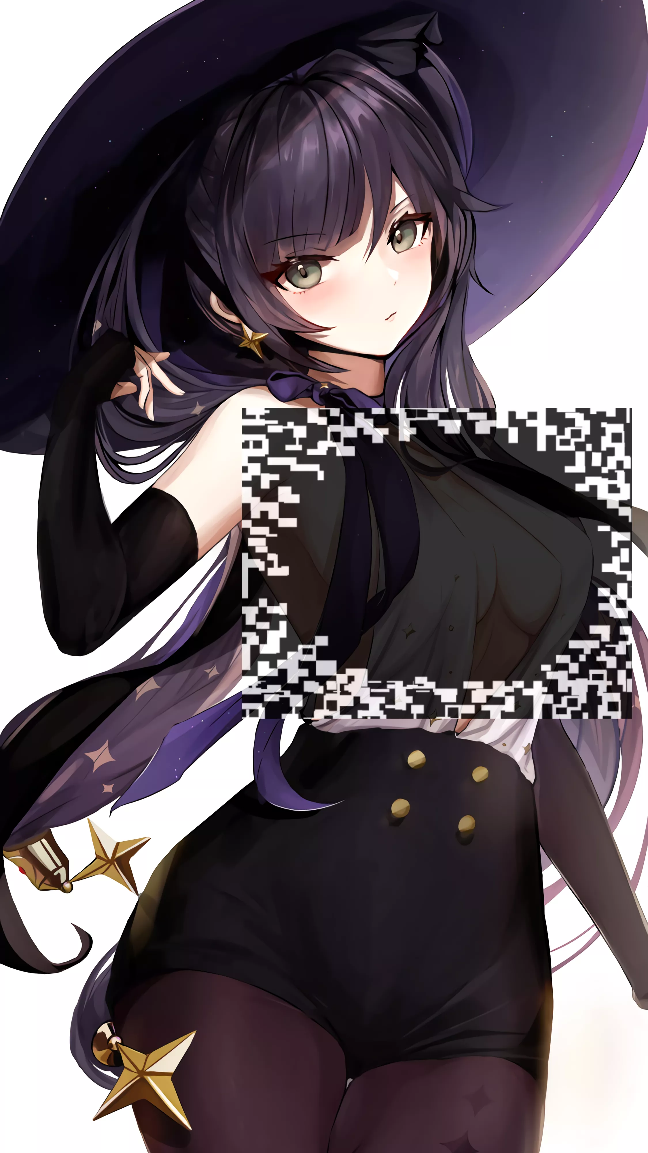 LF color source: 1girl, witch hat, black hair, green eyes, thigh highs posted by Susan-pls-come-back
