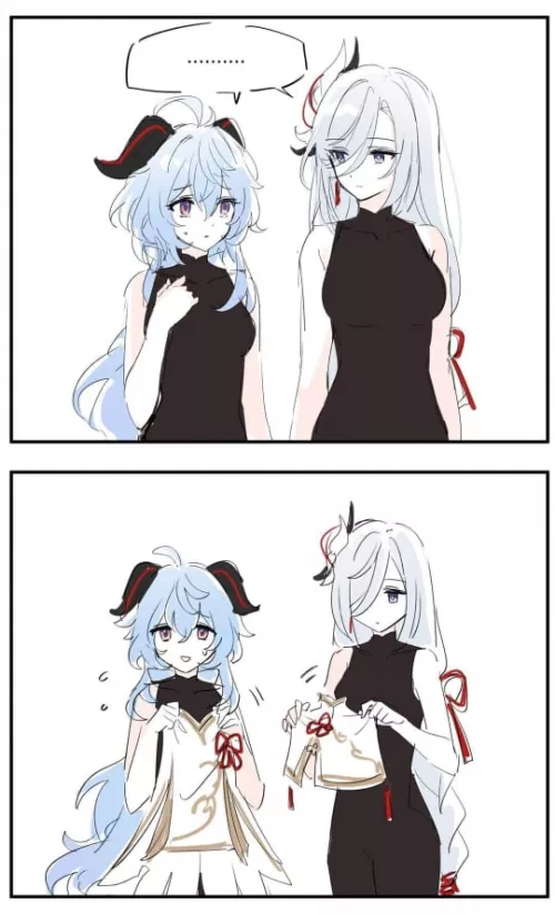 LF Color Source: 2girls, blue hair, white hair, purple eyes, horns, nervous, spandex, dress, genshin impact, ganyu by Kevinrealk