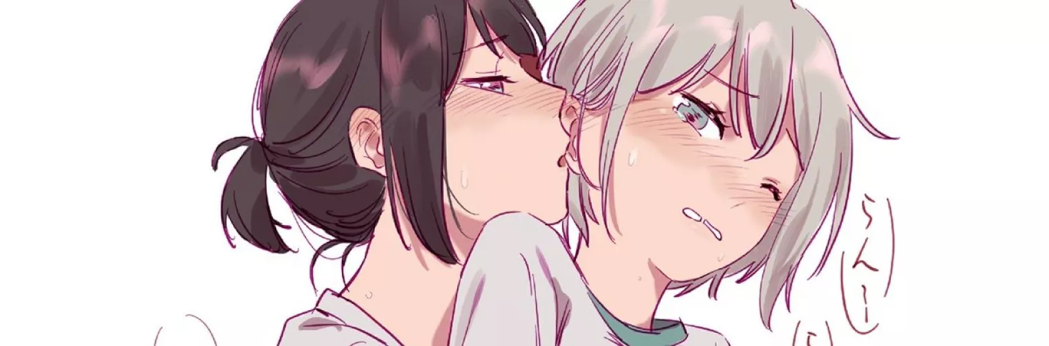 LF Color Source: 2girls(?), blush, brown hair, white hair, blue eyes, brown eyes, white background, japanese text by Kermyas