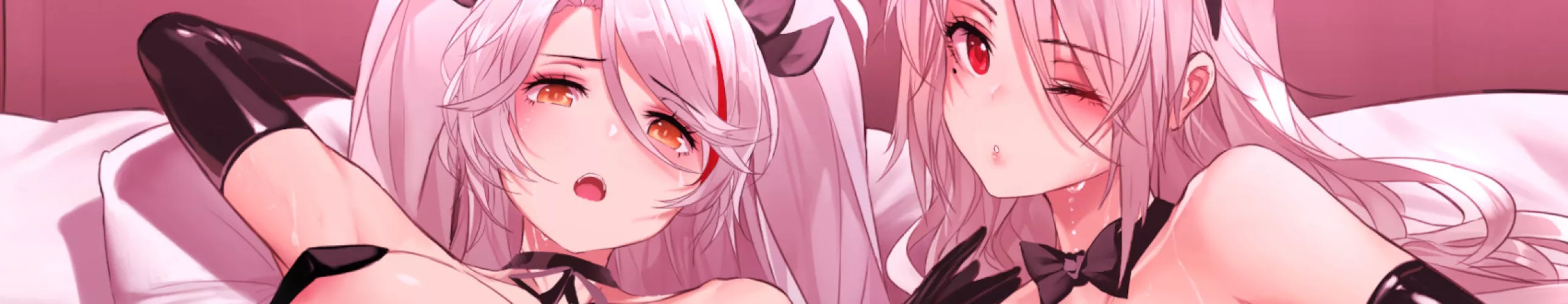 LF color source: 2girls, crop, faces, mouth open, long hair, pillow, sweat, silver hair, white hair, bow tie, one eye closed, red eyes, orange eyes, hair ribbon, gloves by gmdragon