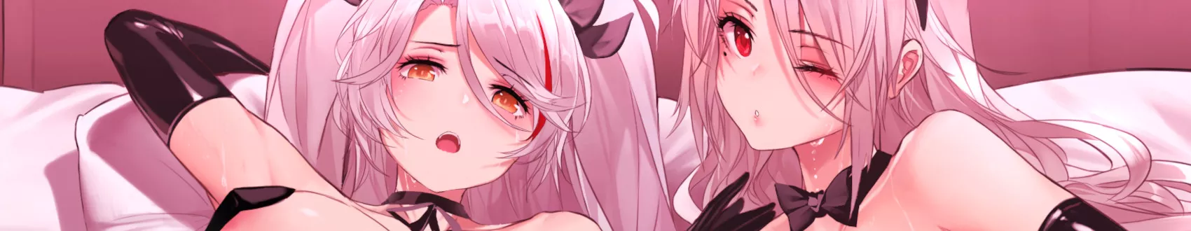 LF color source: 2girls, crop, faces, mouth open, long hair, pillow, sweat, silver hair, white hair, bow tie, one eye closed, red eyes, orange eyes, hair ribbon, gloves posted by gmdragon