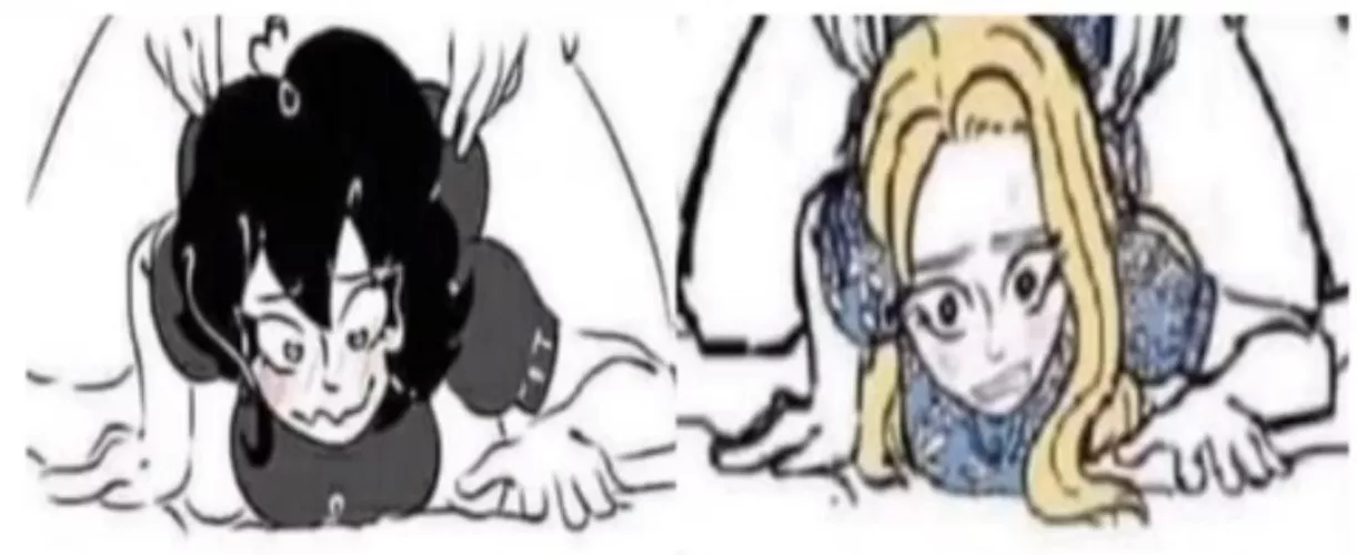 LF Color Source: 2girls, wojak, doggy style, blushing, embarrased, long hair by ForeskinPincher