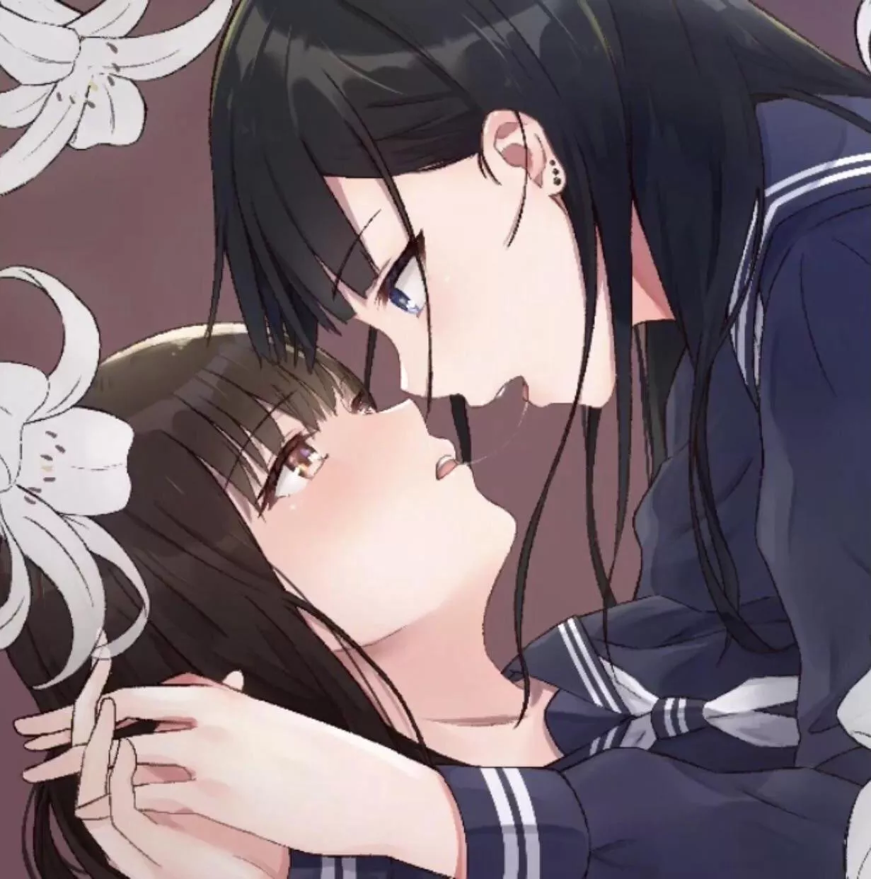LF Color Source: 2girls, Yuri, Lesbians, Schoolgirls, Uniform, Brown Hair, Pink Eyes, Black Hair, Blue Eyes, Kissing, Saliva Trail, Blushing, White Tie, Hand Holding posted by ThunderWolfWyvern