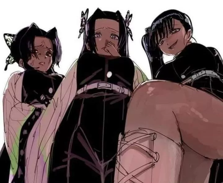 LF Color Source: 3girls, white background,, thigh, looking at viewer, kimetsu no yaiba, demon slayer, grinning, looking down, stepping on, feet posted by mokura