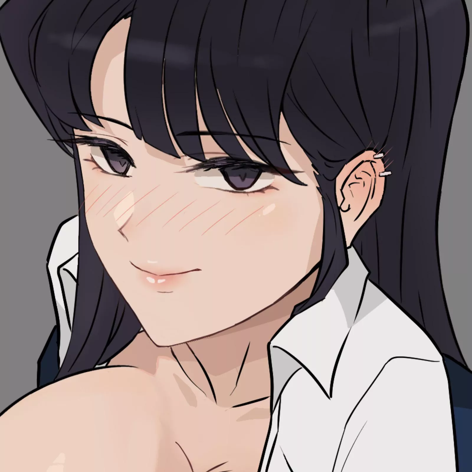 LF color source: black hair, black eyes, smile, ear piecing, breasts, white shirt, looking at viewer, komi-san wa komyushou desu, komi shouko, blush posted by Gua10234