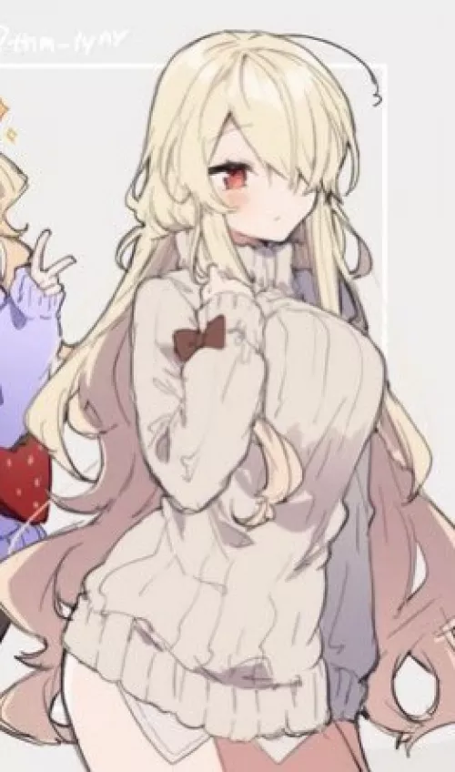 LF Color Source: Blonde Hair, Sweater, Red Eye, Long Hair, White Under Dresshirt, Hair Covering Left Eye, Ahoge by Heusan