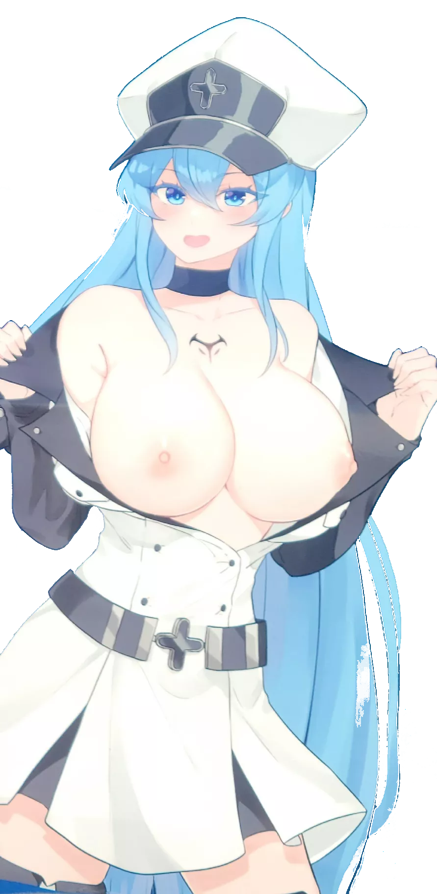 LF Color source : blue hair, big breasts, white skirt, long hair, topless, undressing, hat posted by Bored065