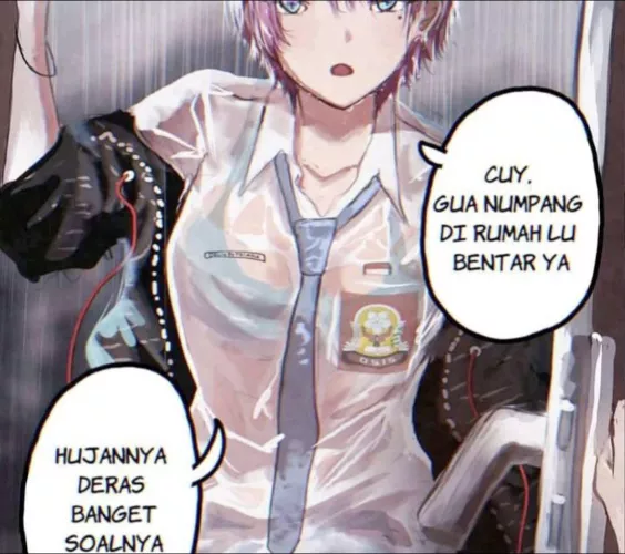 LF Color Source: “Cuy. gua numpang di rumah lu bentar ya”, “hujannya deras banget soalnya”, 1girl, pink hair, short hair, blue eyes, beauty mark, mole under eye, jacket, school uniform, indonesian text, wet clothes, looking at viewer, rain, open  by Gua10234