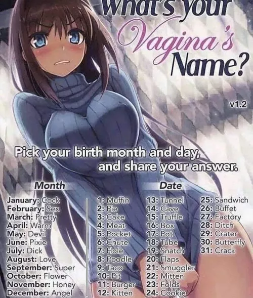 LF Color Source: dark skin, meme, sweater, blue eyes, blushing, “What your Vagina’s Name? Pick your birth month and day and share your answer.” by Nearby-Simple-7594