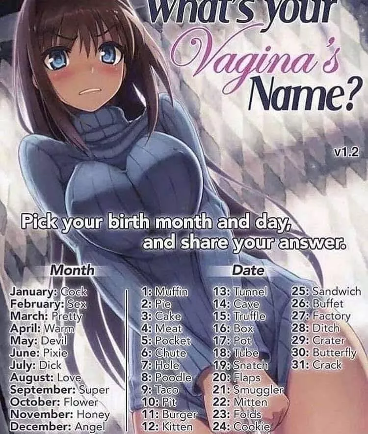 LF Color Source: dark skin, meme, sweater, blue eyes, blushing, “What your Vagina’s Name? Pick your birth month and day and share your answer.” posted by Nearby-Simple-7594
